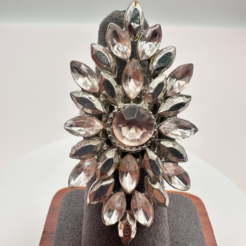 Vintage Y2K Silver Tone Rhinestone Floral Statement Ring for Women